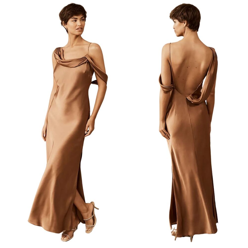 Fame and Partners Dress Womens 18 Copper Satin Cowl Neck Maxi Slit Formal Gown